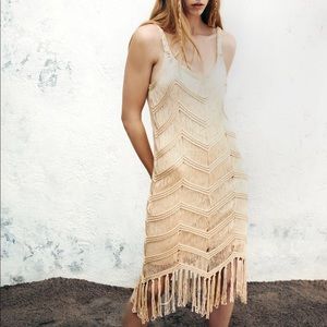NWT Zara Sand Crochet Dress w Fringe Hem